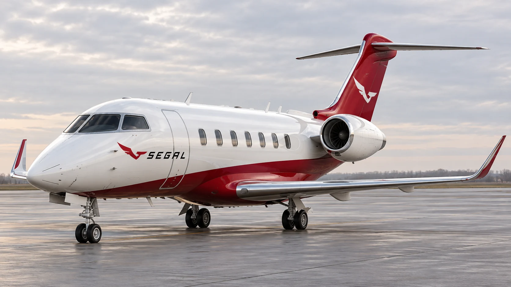 Bombardier Challenger 3500 in Segal livery, front three-quarter — illustrative rendering