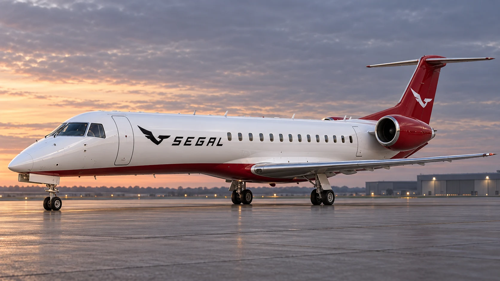 Embraer ERJ145 in Segal livery, front three-quarter — illustrative rendering