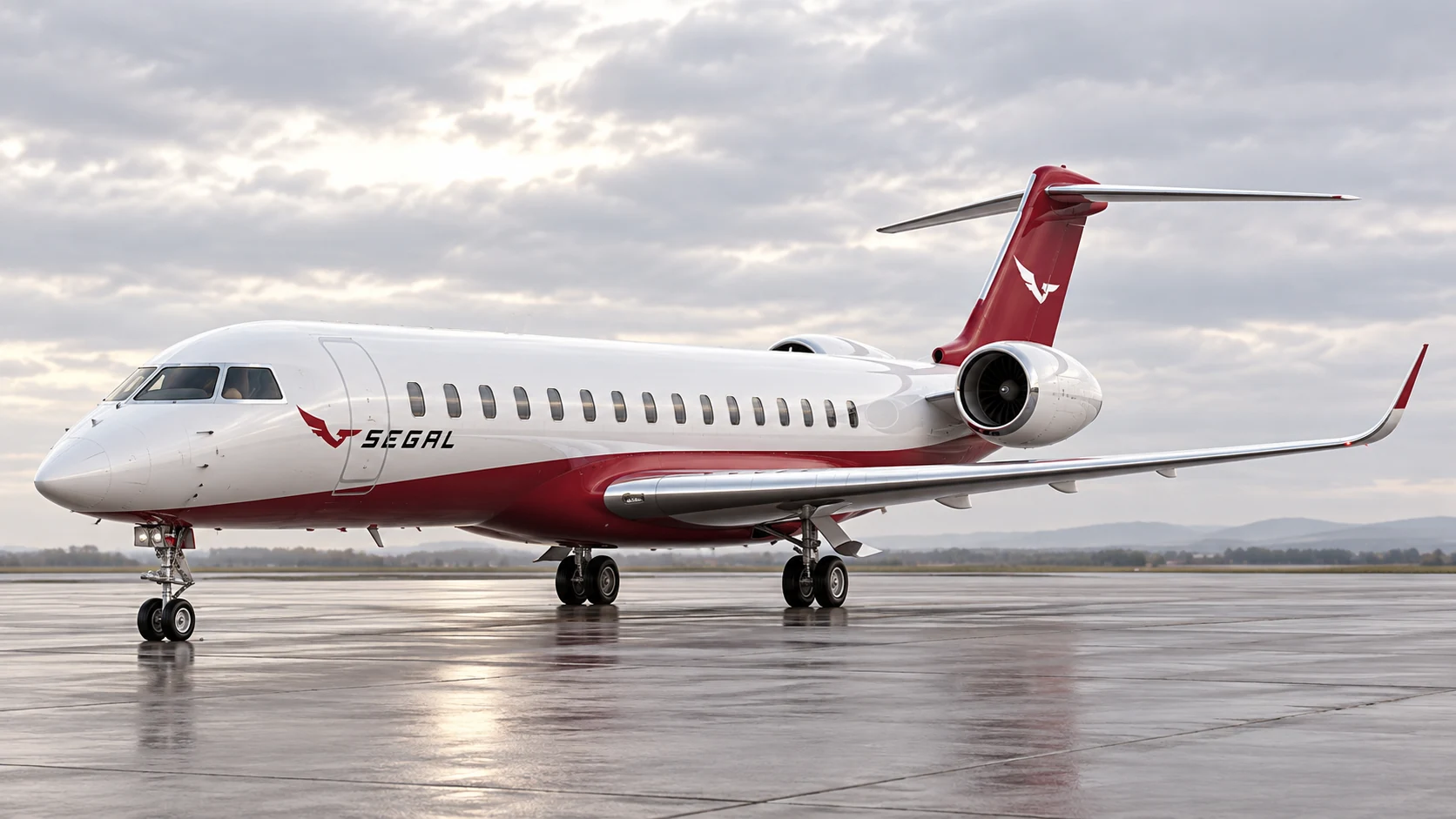 Bombardier Global 7500 in Segal livery, front three-quarter — illustrative rendering