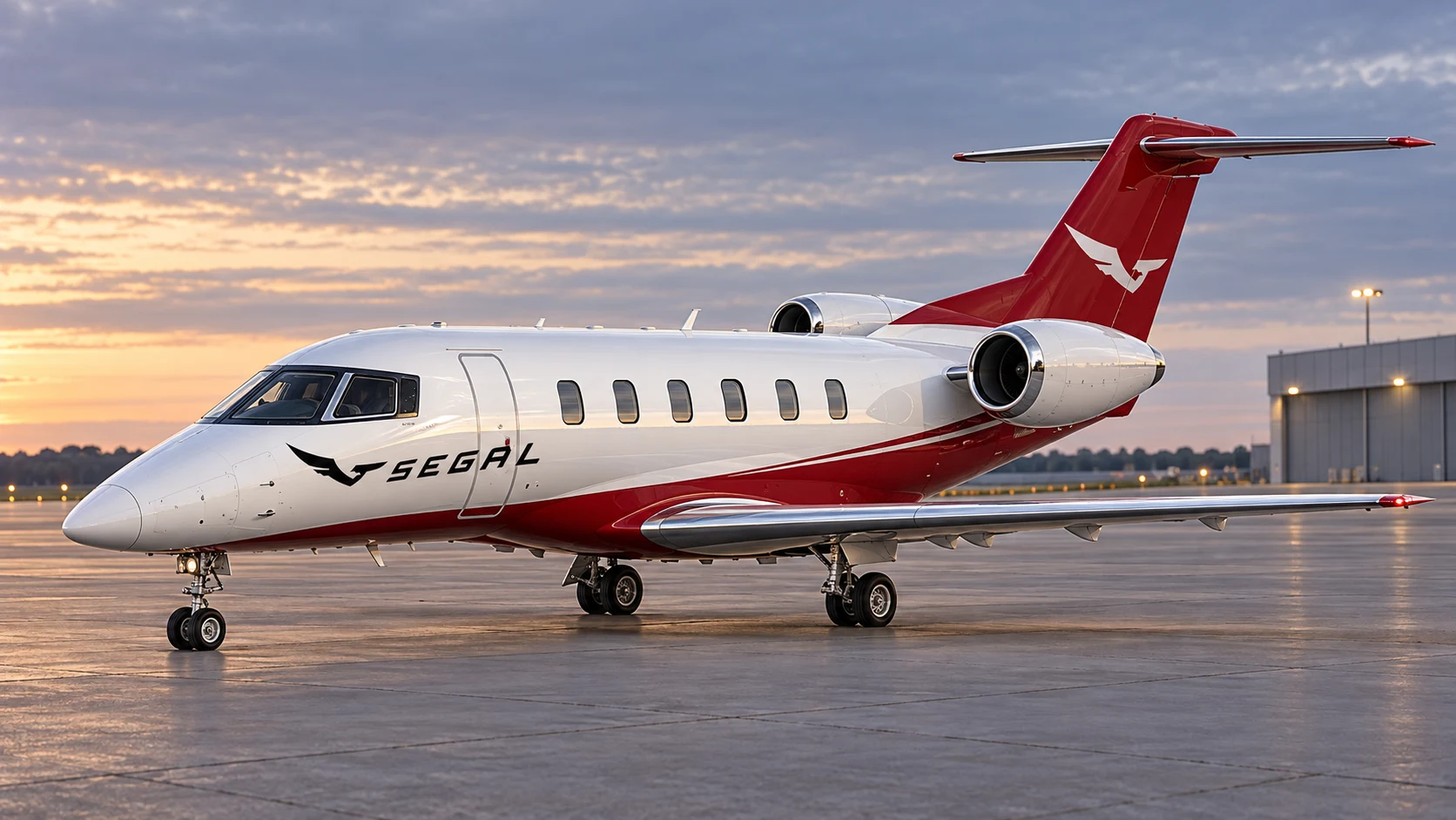 Pilatus PC-24 in Segal livery, front three-quarter — illustrative rendering
